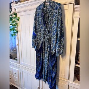 Kantha bae silk Floral Blue and Green boho dress. XL